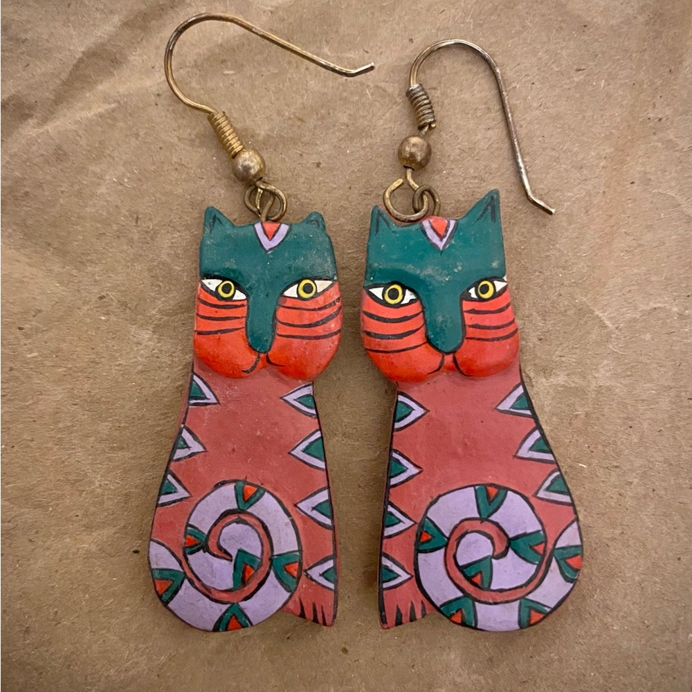 Vtg Laurel Burch Hand Carved Wooden Cat Earrings - Picture 2 of 6